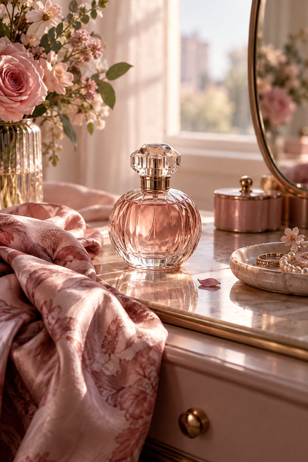 A refined perfume ritual at a dressing table